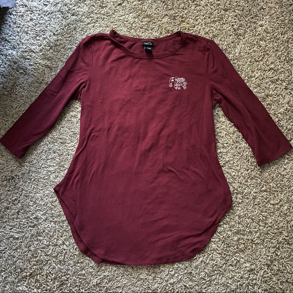 Rue21 Burgundy Curved Dip Hem Mid Sleeve Tribal Elephant Top